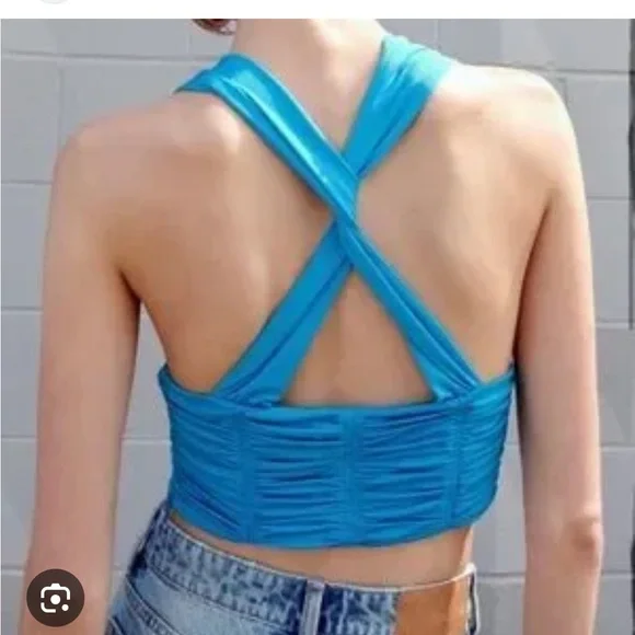 Zara Sexy Blue Draped Crop Top - Picture 2 of 10